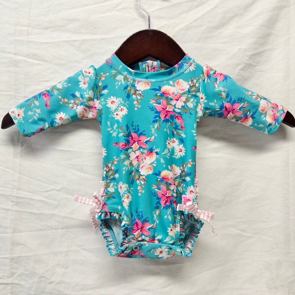 RuffleButts Rash Guard One Piece Baby Girl 0-3m Teal Floral Long Sleeve Ruffles